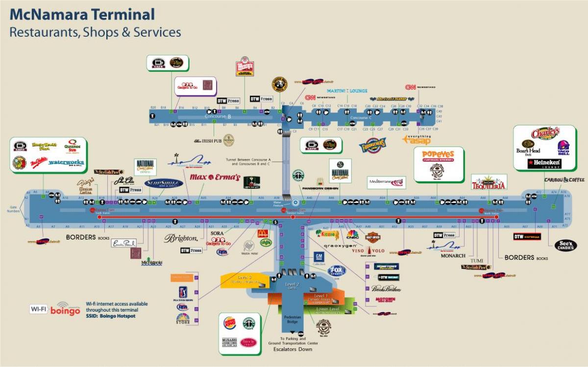 ڈیٹرائٹ ہوائی اڈے کے ریستوران کا نقشہ