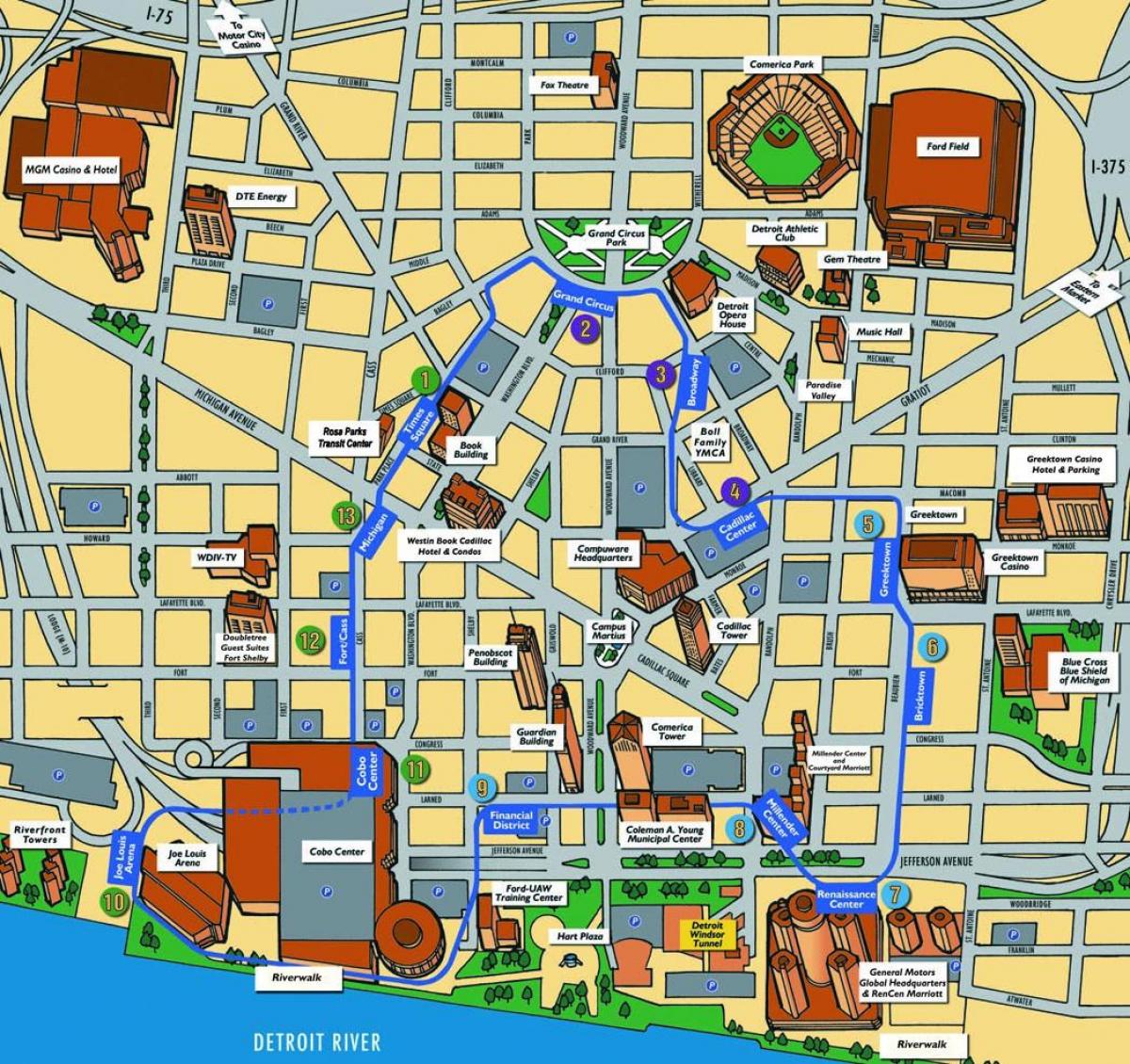 ڈیٹرائٹ پرکشش مقامات کا نقشہ